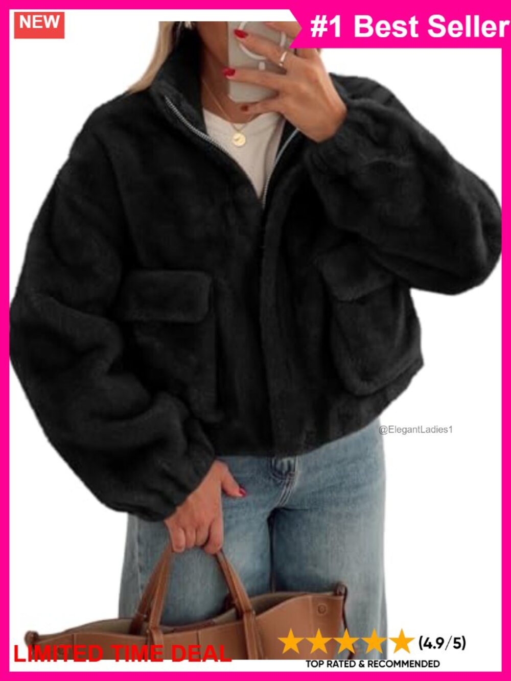 Cropped Faux Fur Coat Zip Up Stand Collar Warm Winter Jacket